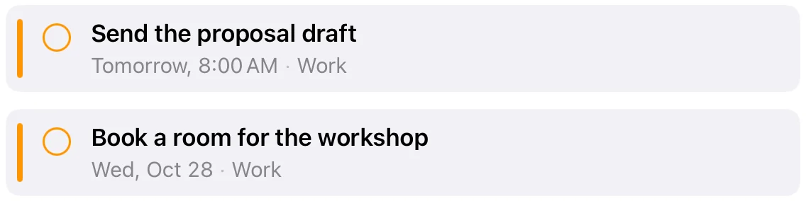 Two reminder blocks: Send the proposal draft, and Book a room for the workshop