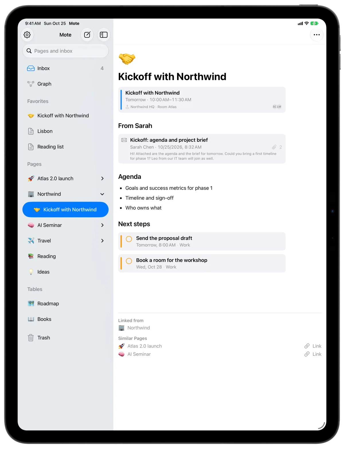 The page “Kickoff with Northwind” on iPad, next to the sidebar with all pages and tables