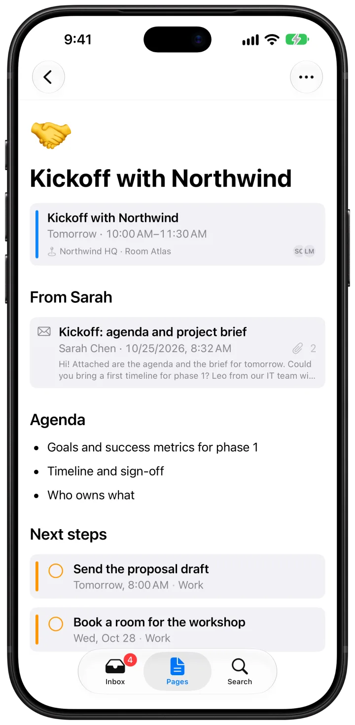 The page “Kickoff with Northwind” with tomorrow’s event, a mail from the client, the agenda and two reminders