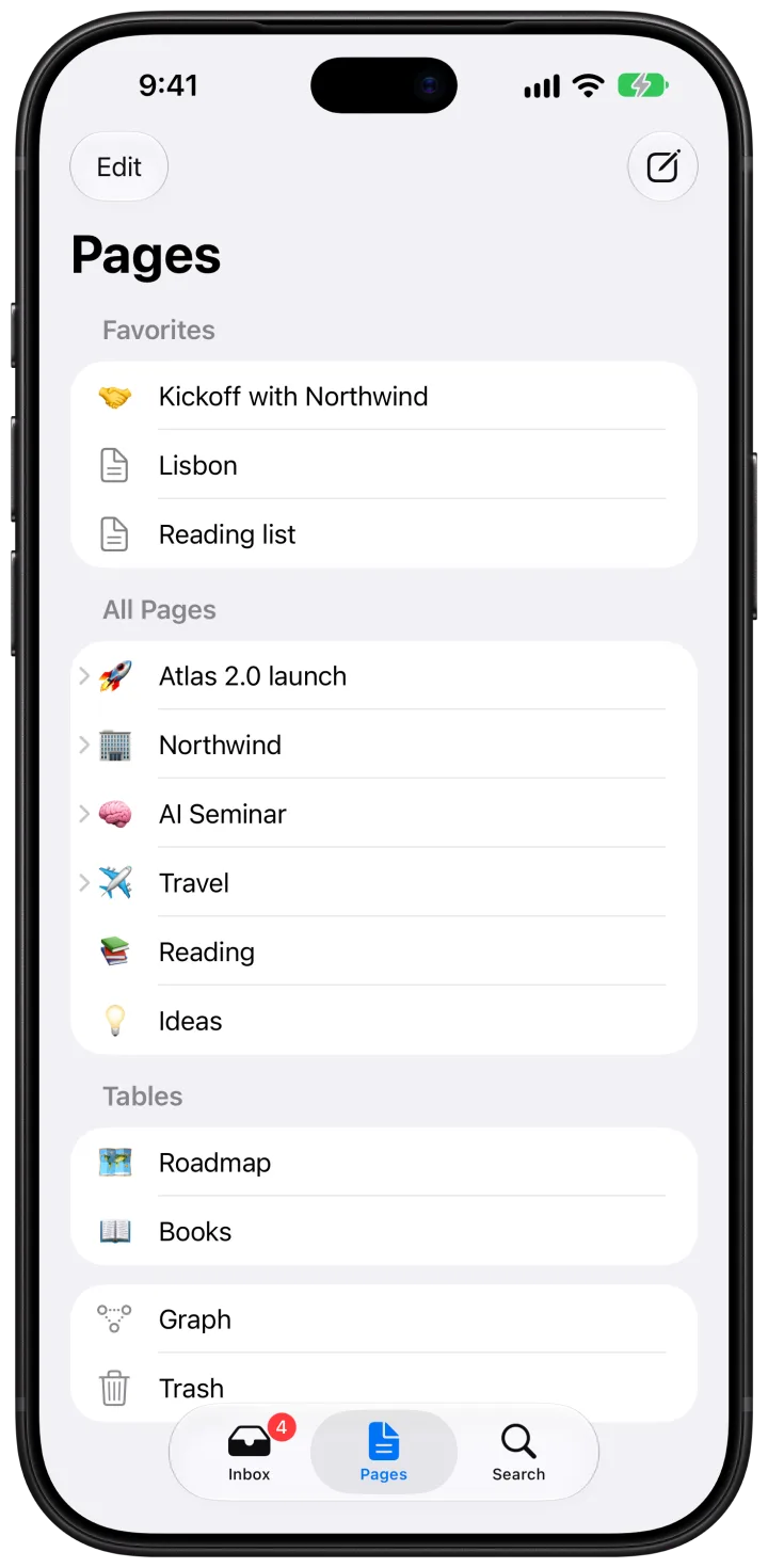 The page list on iPhone: favourites, pages, tables, the graph and the trash