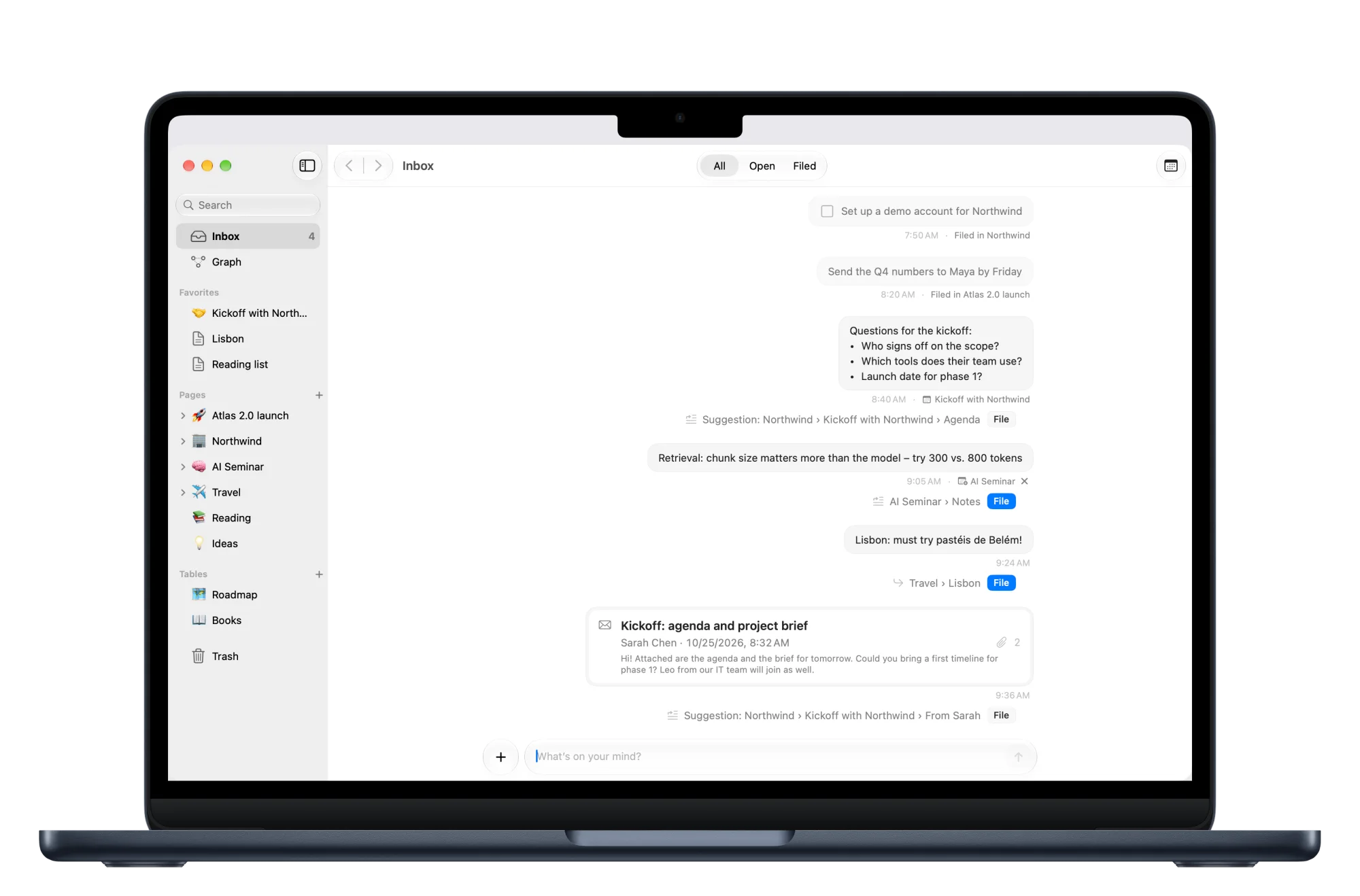 Mote on a MacBook Air: the inbox as a chat next to the sidebar with pages and tables